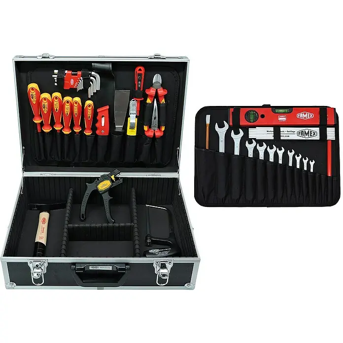 Famex Werkzeugkoffer - L x B x H: 45,5 x 35,5 x 16 cm, 31 -tlg. - Werkzeugkoffer mit diversen Werkzeugen von Famex, übersichtlich angeordnet für den professionellen Einsatz.