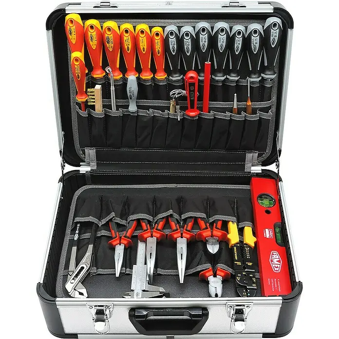 Famex Werkzeugkoffer - L x B x H: 46 x 35,5 x 18 cm, 280 -tlg. - Ein vollgepackter AMMEX Werkzeugkoffer, gefüllt mit Schraubendrehern, Zangen und einer Wasserwaage, für professionelle Handwerker.