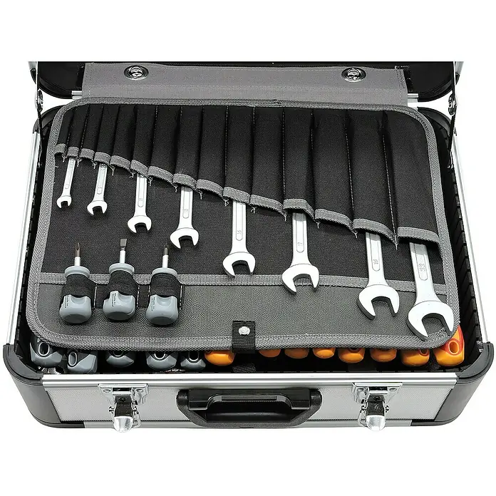Famex Werkzeugkoffer - L x B x H: 46 x 35,5 x 18 cm, 280 -tlg. - Werkzeugkoffer offen mit Schraubenschlüsseln, Schraubendrehern und Zangen. Professionelle Ausrüstung für Handwerker und Heimwerker.