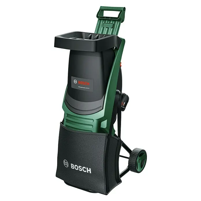 Bosch Power for All 18V Akku-Häcksler UniversalShredder 2x18V-25 - Max. Aststärke: 25 mm - Das Bild zeigt einen Bosch UniversalShredder 2x18V-25 Gartenhäcksler mit Fangkorb und Rädern, ideal für die Gartenpflege.