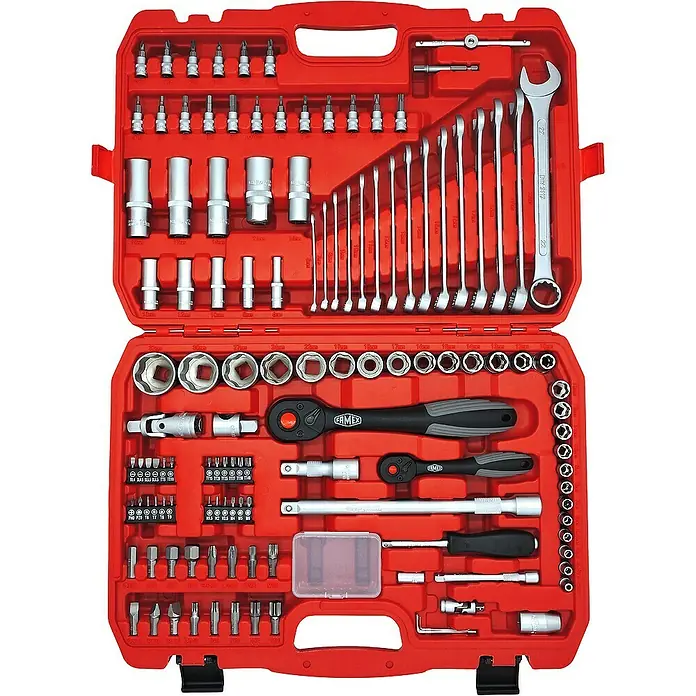 Famex Werkzeugkoffer - L x B x H: 46 x 35,5 x 18 cm, 280 -tlg. - Roter Werkzeugkoffer geöffnet, mit einer Vielzahl von Werkzeugen wie Schraubenschlüssel, Steckschlüssel und Bits ordentlich angeordnet.