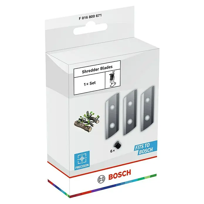 Bosch Power for All 18V Ersatzmesser für Häcksler - Passend für: Bosch UniversalShredder 2x18V-25 - Weiße Verpackung mit Bosch Häckslerklingen (3 Metallklingen, 6 Schrauben) und Holzschnitt-Beispiel.