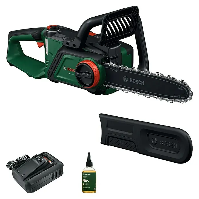 Bosch Power for All 18V Akku-Kettensäge PKE18V-30-28 - 18 V, 4 Ah, Li-Ionen, 1 Akku, Schwertlänge: 30 cm - Abbildung einer Bosch Akku-Kettensäge mit Ladegerät, Schwertschutz und Ölflasche.