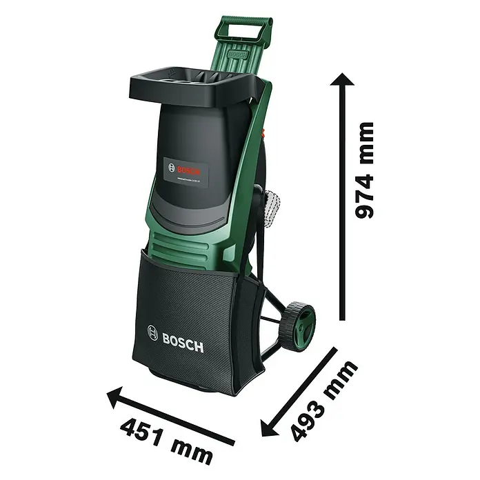 Bosch Power for All 18V Akku-Häcksler UniversalShredder 2x18V-25 - Max. Aststärke: 25 mm - Abbildung eines Bosch Universalhäckslers 3-18V 25 mit den Maßen 974 mm Höhe, 451 mm Breite und 493 mm Tiefe.