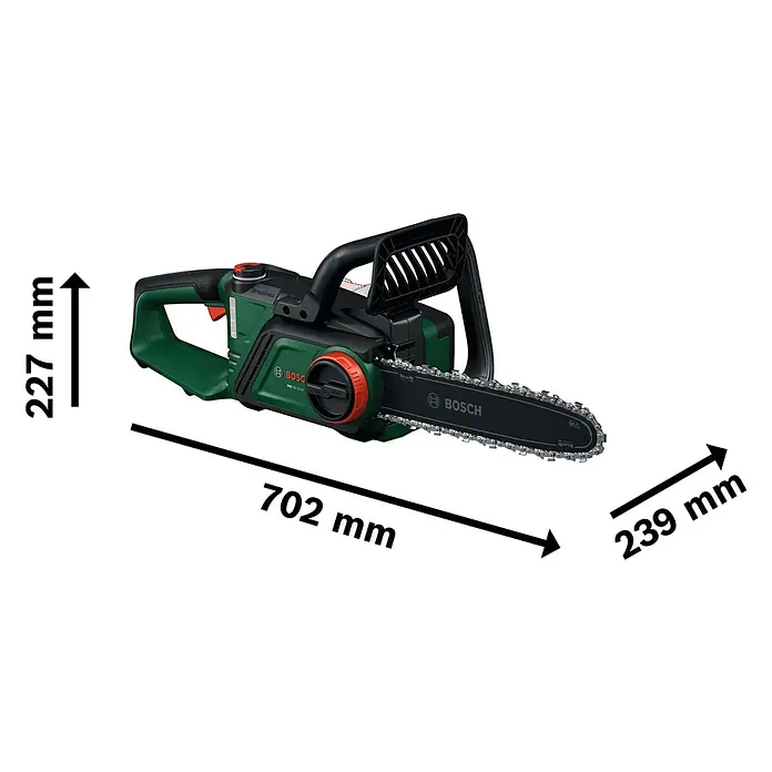Bosch Power for All 18V Akku-Kettensäge PKE18V-30-28 - 18 V, 4 Ah, Li-Ionen, 1 Akku, Schwertlänge: 30 cm - Abbildung einer grünen Bosch Akku-Kettensäge mit Angaben zu den Abmessungen.