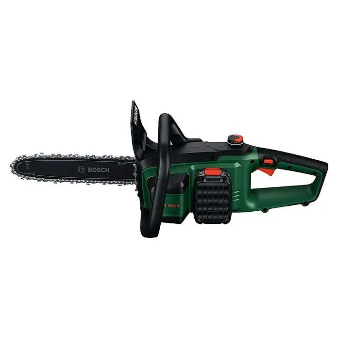 Bosch Power for All 18V Akku-Kettensäge PKE18V-30-28 - 18 V, 4 Ah, Li-Ionen, 1 Akku, Schwertlänge: 30 cm - Abbildung einer Bosch Akku-Kettensäge. Die Kettensäge ist grün und schwarz mit einer scharfen Kette für effizientes Schneiden von Holz.