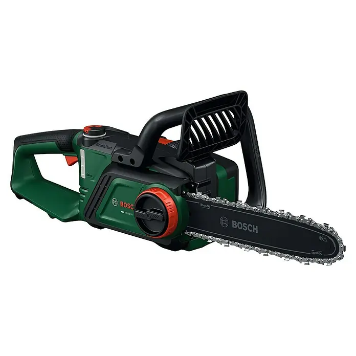Bosch Power for All 18V Akku-Kettensäge PKE18V-30-28 - 18 V, 4 Ah, Li-Ionen, 1 Akku, Schwertlänge: 30 cm - Eine Akku-Kettensäge von Bosch mit einer grünen Basis und einem schwarzen Schwert.