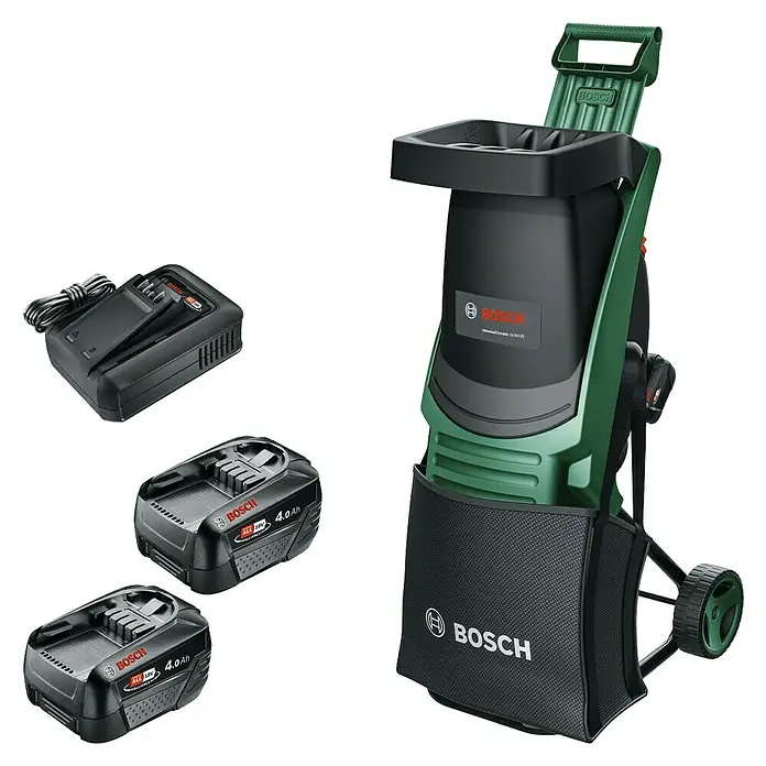 Bosch Power for All 18V Akku-Häcksler UniversalShredder 2x18V-25 - Max. Aststärke: 25 mm - Das Bild zeigt einen Bosch Akku-Gartenhäcksler mit Akkus und Ladegerät, ein praktisches Set für die Gartenarbeit.