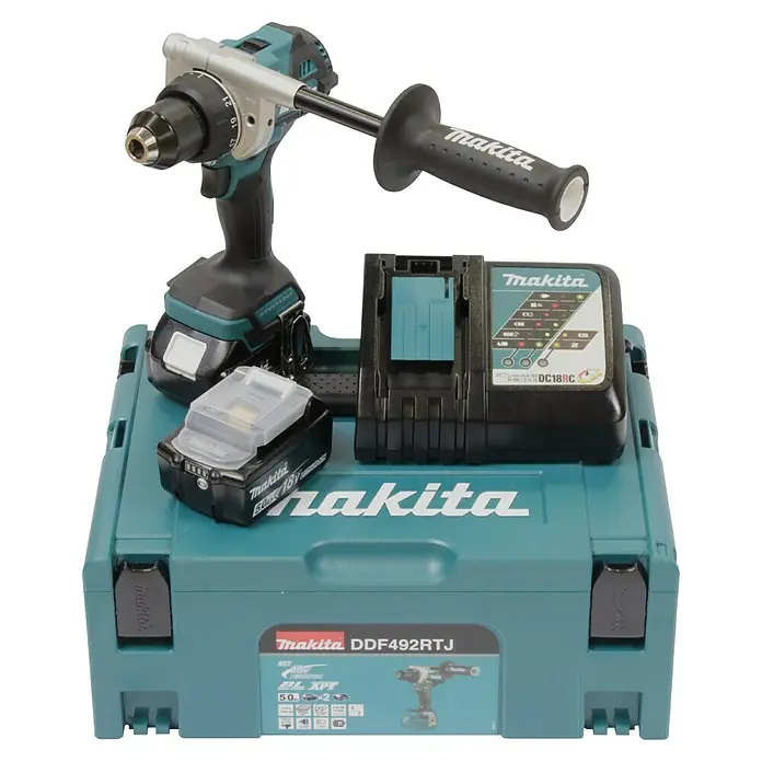 Makita LXT 18V Akku-Bohrschrauber DDF492RTJ - 18 V, 2 Akkus, 130 Nm - Makita DDF492RTJ Akku-Bohrschrauber mit Zubehör, inklusive Akkus, Ladegerät und praktischem Tragekoffer für den einfachen Transport.