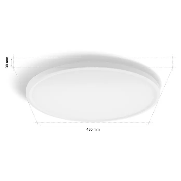 Philips Hue LED-Panel rund White & Color Ambiance Tento M - 23 W, Ø x H: 42,1 x 3,07 cm, Weiß, RGBW - Das Bild zeigt eine runde LED-Deckenleuchte in Weiß mit den Maßen 430 mm Durchmesser und 30 mm Höhe. Sie ist schlicht und modern gestaltet.