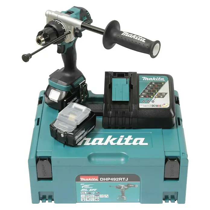 Makita LXT 18V Akku-Schlagbohrschrauber DHP492RTJ - 18 V, 2 Akkus, 5 Ah, 130 Nm - Ein Makita DHP492RTJ Akku-Bohrschrauber Set mit Akku, Ladegerät und praktischem Koffer. Ideal für Profis und Heimwerker!