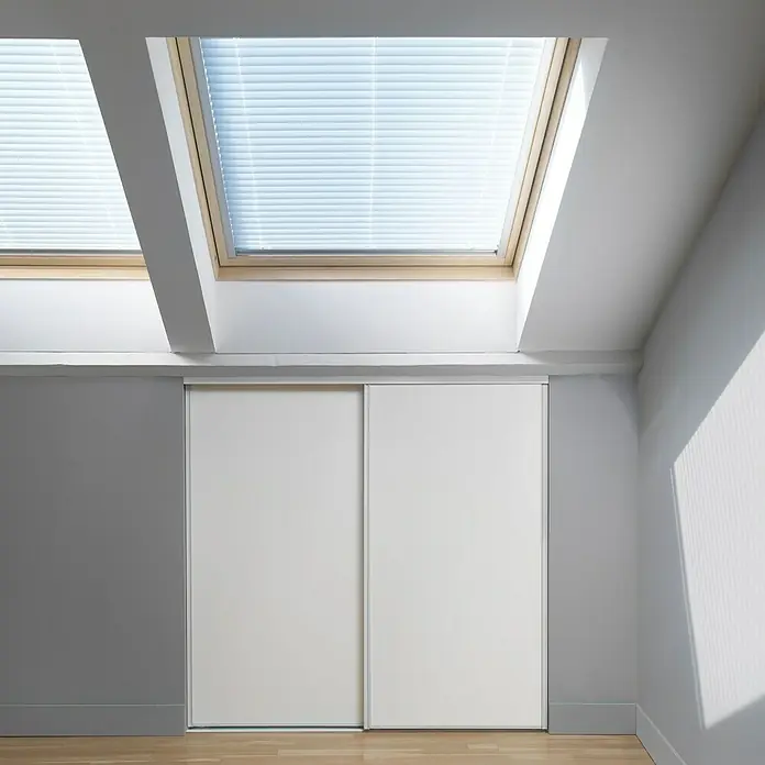 Optimum Schiebetür-Bau-Set - Weiß/Grau, 120 x 120 cm - Helle Raumansicht mit modernen Schiebetüren vor einer grauen Wand und zwei Dachfenstern mit Jalousien für eine gemütliche Atmosphäre.