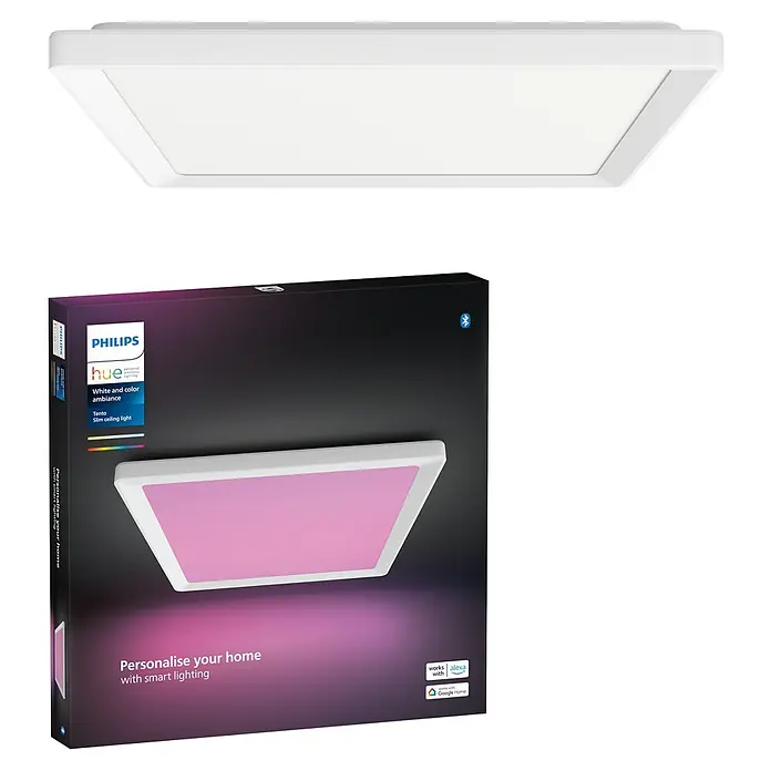Philips Hue LED-Panel White & Color Ambiance Tento M - 15,4 W, L x B x H: 39,5 x 39,5 x 3,7 cm, Weiß, RGBW - Das Philips Hue Teno Slim Deckenlicht mit Farbsteuerung für ein personalisiertes Lichterlebnis im modernen Design, inklusive Verpackung.