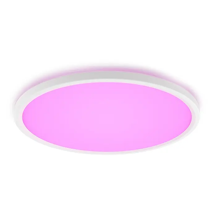 Philips Hue LED-Panel rund White & Color Ambiance Tento M - 23 W, Ø x H: 42,1 x 3,07 cm, Weiß, RGBW - Runde, moderne LED-Deckenleuchte in Rosa und Weiß, ideal für stilvolle Innenräume und energieeffiziente Beleuchtung.\n