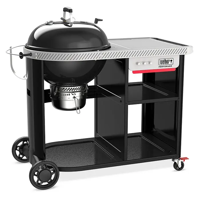 Weber Kugelgrill Performer Premium - Durchmesser Grillfläche: 57 cm, Schwarz - Weber Holzkohlegrill Performer mit Touch-N-Go Gaszündungssystem, Arbeitsfläche und praktischem Wagen für müheloses Grillen im Freien.