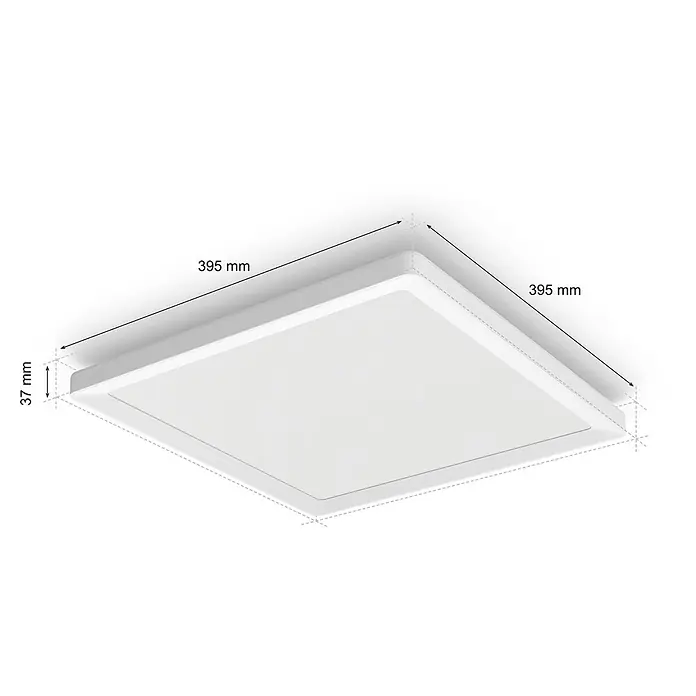 Philips Hue LED-Panel White Ambiance Tento M - 15,4 W, L x B x H: 39,5 x 39,5 x 3,7 cm, Weiß, Mehrfarbig - Eine moderne, quadratische LED-Deckenleuchte in Weiß, die sich ideal für Büros oder Wohnräume eignet. Sie bietet effiziente und gleichmäßige Beleuchtung.