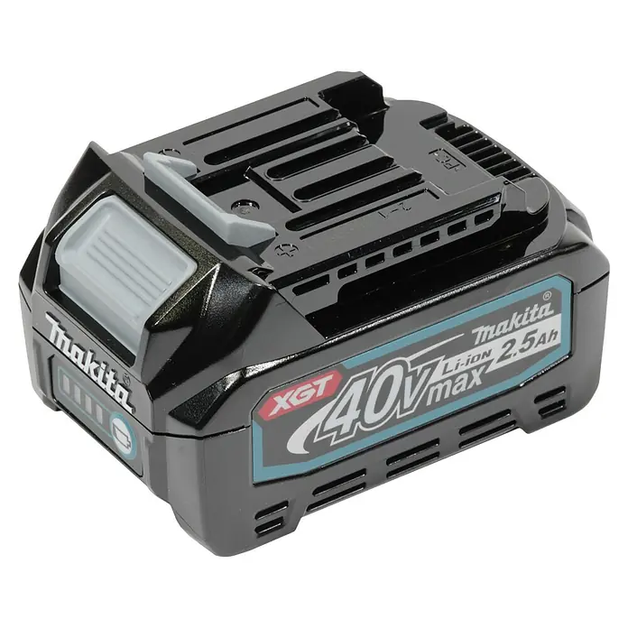 Makita XGT 40V max. Akku-Bohrschrauber DF001GD203 - 40 V, 2 Akkus, 2,5 Ah, 140 Nm - Nahaufnahme eines Makita XGT 40V max 2,5Ah Li-Ionen-Akkus, der für seine hohe Leistung und lange Lebensdauer bekannt ist.