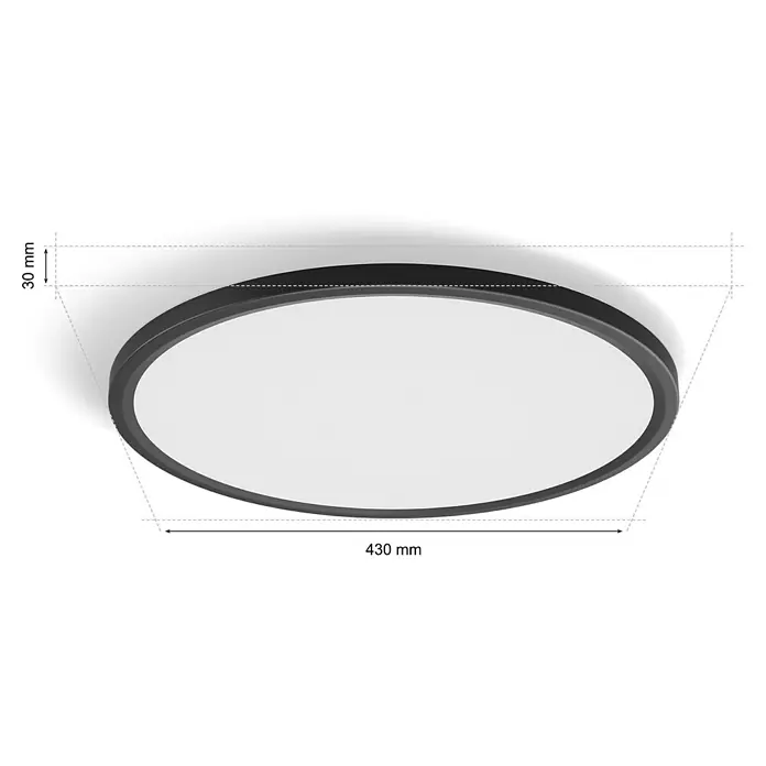 Philips Hue LED-Panel rund White Ambiance Tento M - 23 W, Ø x H: 42,1 x 3,07 cm, Schwarz, Kaltweiß - Nahaufnahme einer modernen, runden LED-Deckenleuchte mit schwarzem Rahmen und gleichmäßiger, heller Ausleuchtung für den Innenbereich.
