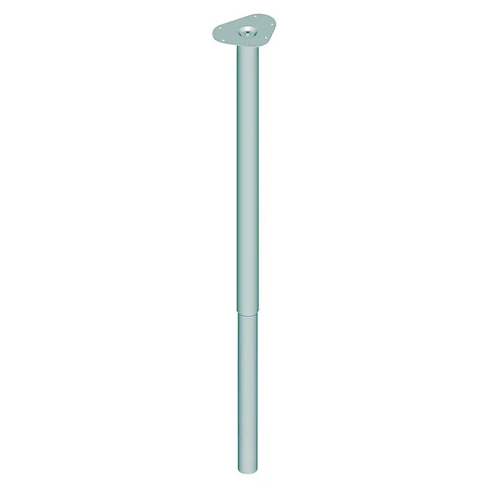 Element System Pata telescópica para muebles Expand - Diámetro: 5 cm, Ajuste de altura: 80 cm - 120 cm, Capacidad de carga: 75 kg, Acero, Cromo - Imagen de una pata de mesa ajustable con una placa de montaje. La pata de la mesa es plateada y tiene una forma redonda.