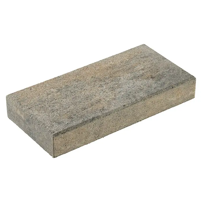 Diephaus Palisade Niles - 50 x 25 x 8 cm, Muschelkalk, Beton - Nahaufnahme eines einzelnen Pflastersteins in rechteckiger Form mit rauer Textur. Ideal für Garten- und Landschaftsgestaltung.