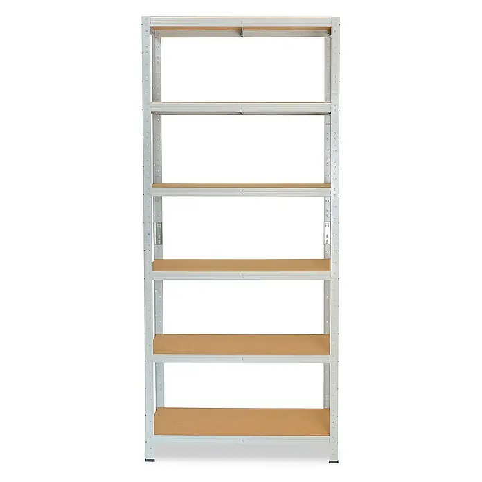 shelfplaza Schwerlastregal OFFICE - H x B x T: 200 x 75 x 60 cm, Traglast pro Boden: 175 kg, Stecken, lichtgrau - Dieses Bild zeigt ein stabiles Metallregal mit sechs Holzböden, ideal für Lager und Werkstatt.