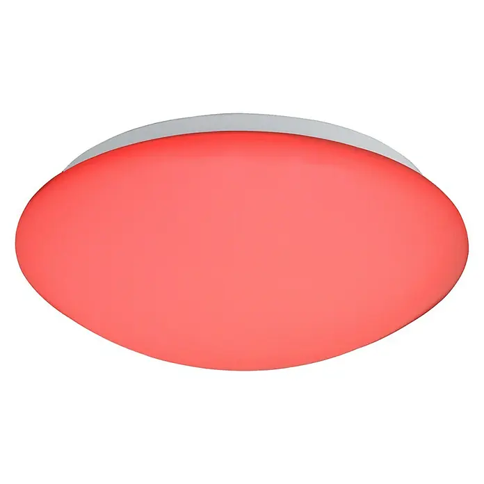 Tween Light Plafón LED Eco - 11,5 W, Ø x Al: 260 mm x 8,5 cm, Blanco, RGB - Una moderna lámpara de techo roja con un elegante marco plateado sobre un fondo negro. Perfecta para interiores contemporáneos.