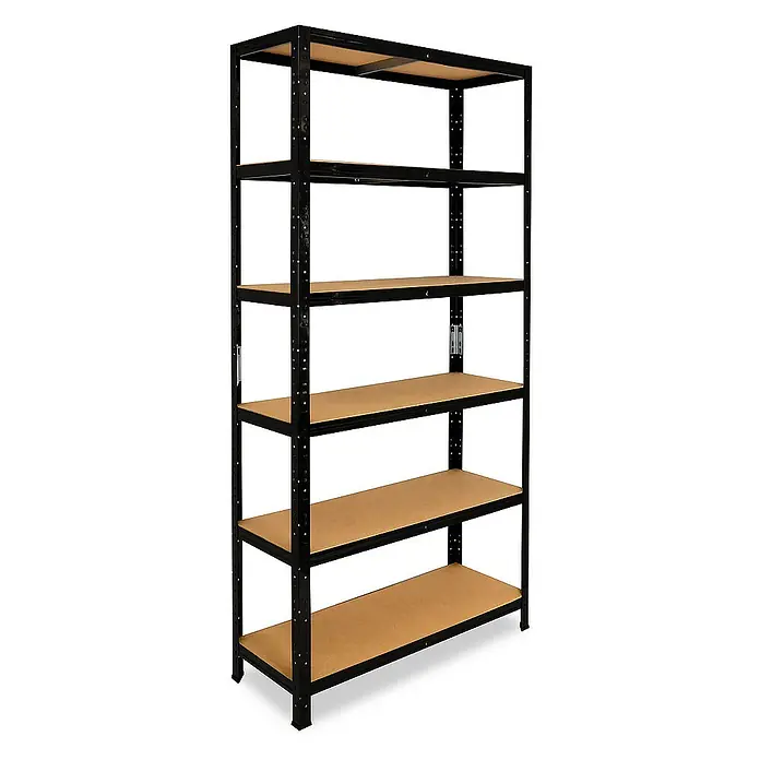 shelfplaza Schwerlastregal BLACK - H x B x T: 180 x 70 x 50 cm, Traglast pro Boden: 175 kg, Stecken, schwarz - Ein Regal mit fünf Holzablagen und einem schwarzen Metallrahmen, ideal für Garage, Keller oder Lager. Für mehr Ordnung und Stauraum.