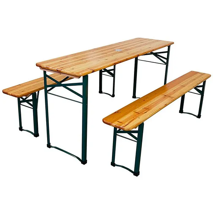 Chefgastro Gartentisch-Set Bierzeltgarnitur klappbar - L x B x H: 46 x 170 x 76 cm, Klappbar - Bierzeltgarnitur bestehend aus einem Holztisch mit zwei Bänken, ideal für Gartenpartys und Feste. Robuste Ausführung für den Außenbereich.