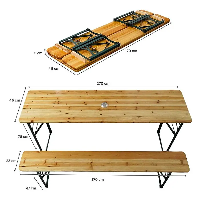 Chefgastro Gartentisch-Set Bierzeltgarnitur klappbar - L x B x H: 46 x 170 x 76 cm, Klappbar - Bild einer Festzeltgarnitur mit Maßen, bestehend aus einem Tisch und einer Bank, sowohl aufgebaut als auch zusammengeklappt.