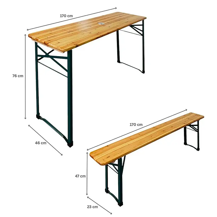 Chefgastro Gartentisch-Set Bierzeltgarnitur klappbar - L x B x H: 46 x 170 x 76 cm, Klappbar - Abbildung eines Biergartentisches mit passender Bank, beide aus Holz gefertigt und mit grünen Metallbeinen versehen.
