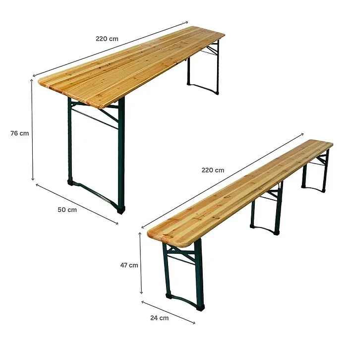 Chefgastro Gartentisch-Set Bierzeltgarnitur klappbar - L x B x H: 50 x 220 x 76 cm, Klappbar - Das Bild zeigt einen Biertisch und eine Bierbank mit den Maßen 220 cm Länge, 76 cm Höhe (Tisch) und 47 cm Höhe (Bank).