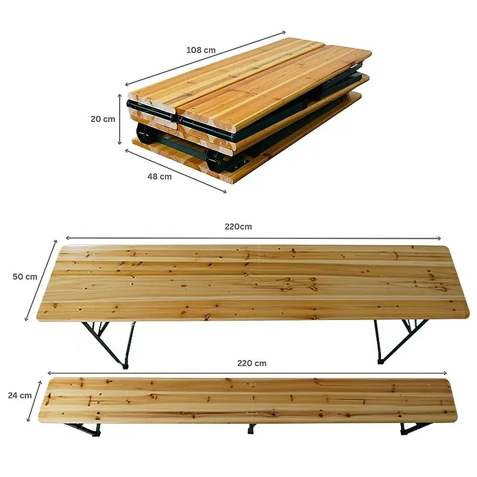 Chefgastro Gartentisch-Set Bierzeltgarnitur klappbar - L x B x H: 50 x 220 x 76 cm, Klappbar - Bild einer Holzbank mit den Maßen im zusammengeklappten und ausgeklappten Zustand.