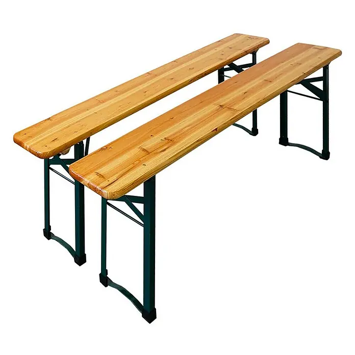 Chefgastro Gartentisch-Set Bierzeltgarnitur klappbar - L x B x H: 46 x 170 x 76 cm, Klappbar - Zwei Bierbankgarnituren aus Holz mit stabilen, dunkelgrünen Metallgestellen für Festlichkeiten und den Garten.