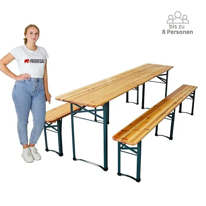 Chefgastro Gartentisch-Set Bierzeltgarnitur klappbar - L x B x H: 50 x 220 x 76 cm, Klappbar - Abbildung eines Biertischsets mit Tisch und zwei Bänken, geeignet für bis zu 8 Personen.