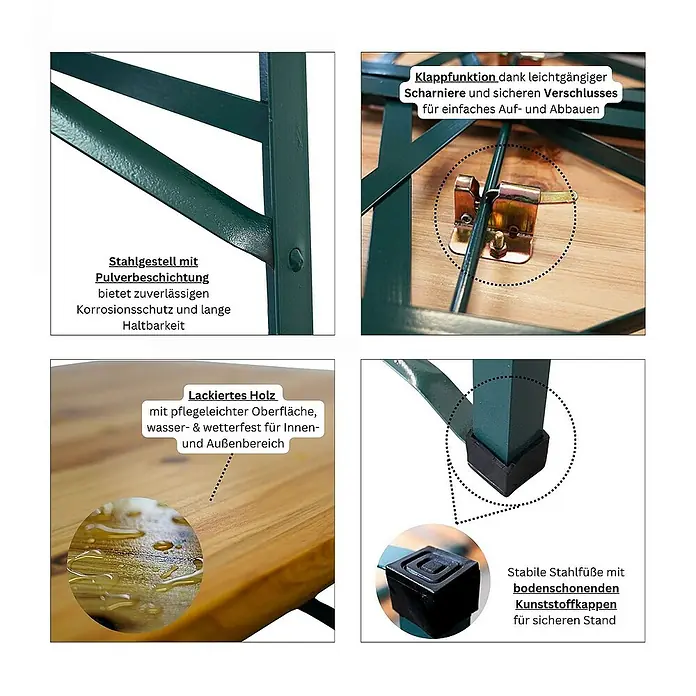Chefgastro Gartentisch-Set Bierzeltgarnitur klappbar - L x B x H: 46 x 170 x 76 cm, Klappbar - Detailansichten eines robusten Klapptisches mit pulverbeschichtetem Stahlgestell, lackiertem Holz, stabilen Füßen und praktischer Klappfunktion.