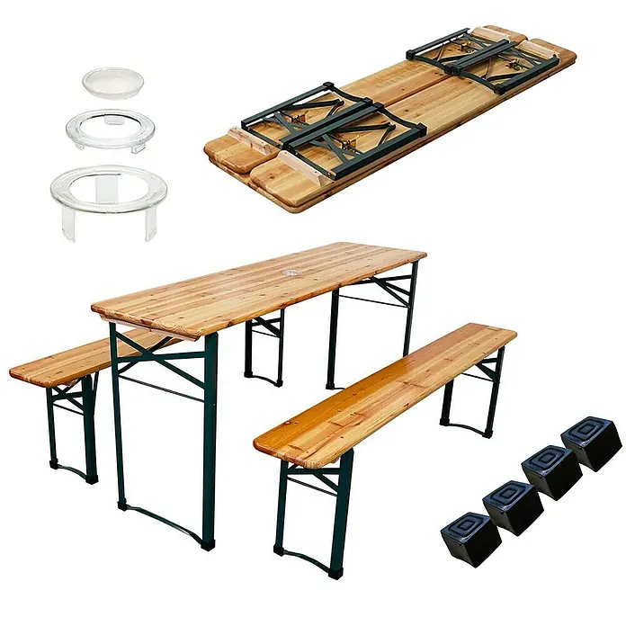 Chefgastro Gartentisch-Set Bierzeltgarnitur klappbar - L x B x H: 46 x 170 x 76 cm, Klappbar - Ein komplettes Bierzeltgarnitur-Set mit Tisch, Bänken, Klappfunktion, Getränkeeinsätzen und Bodenschonern.