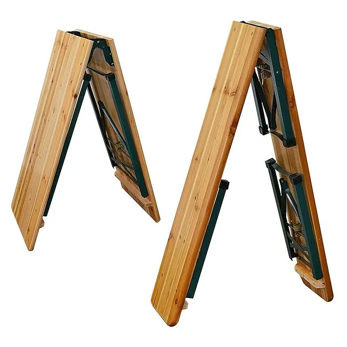 Chefgastro Gartentisch-Set Bierzeltgarnitur klappbar - L x B x H: 50 x 220 x 76 cm, Klappbar - Zwei Holztische mit klappbaren, dunkelgrünen Metallbeinen, ideal für den einfachen Transport und die Lagerung.