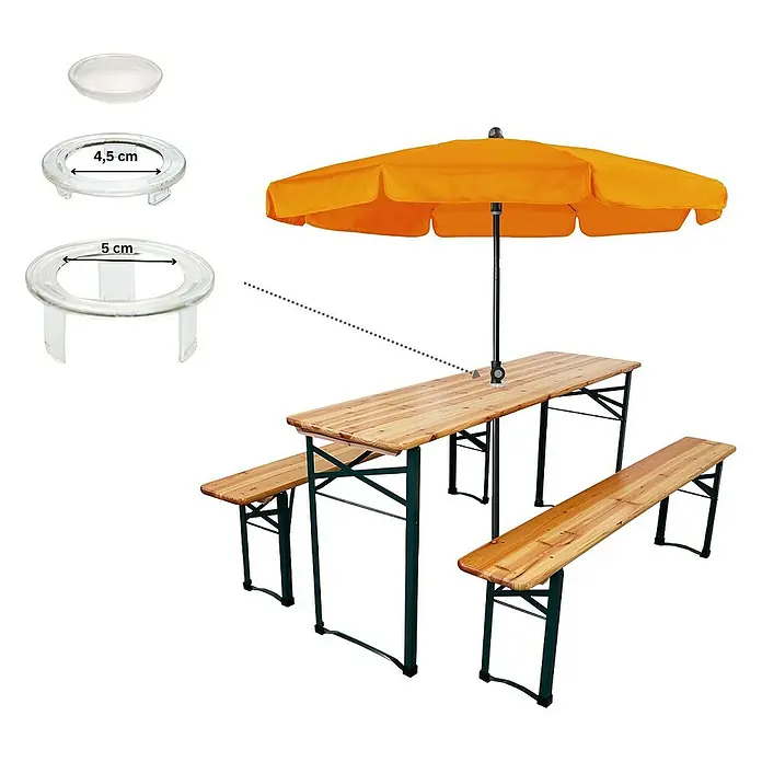Chefgastro Gartentisch-Set Bierzeltgarnitur klappbar - L x B x H: 46 x 170 x 76 cm, Klappbar - Das Bild zeigt einen Biertisch mit Bänken und einem orangefarbenen Sonnenschirm. Die Tischplatte hat eine Öffnung für den Schirm.