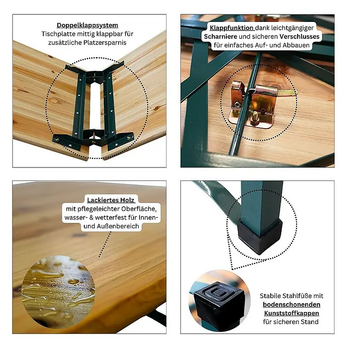 Chefgastro Gartentisch-Set Bierzeltgarnitur klappbar - L x B x H: 50 x 220 x 76 cm, Klappbar - Details eines Holztisches mit Klappsystem, lackiertem Holz, wetterfest und stabilen Stahlfüßen mit Kunststoffkappen.