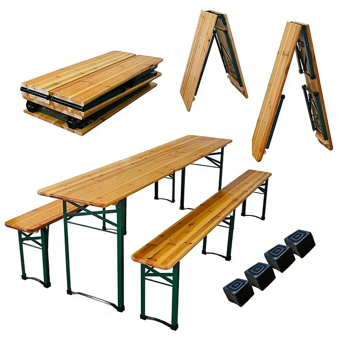 Chefgastro Gartentisch-Set Bierzeltgarnitur klappbar - L x B x H: 50 x 220 x 76 cm, Klappbar - Bierbankgarnitur mit Klapptisch und zwei Bänken, sowohl aufgebaut als auch zusammengeklappt und zum Stapeln bereit. Inklusive Bodenschoner.