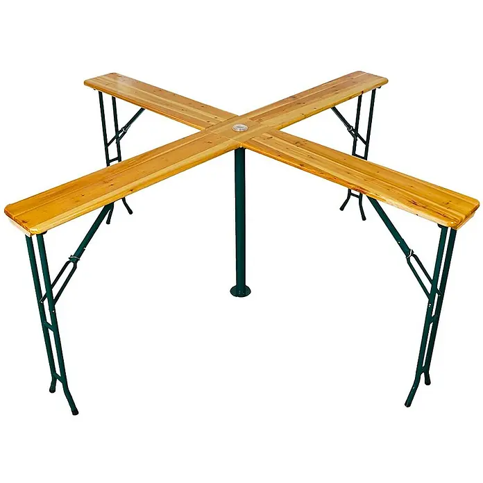 Chefgastro Gartentisch Bierzelttisch Quattro klappbar - L x B x H: 30 x 240 x 102 cm, Eckig, Braun - Bild eines Biergartentisches in Kreuzform mit grünen Beinen und hellbrauner Holzoberfläche. Perfekt für gesellige Runden im Freien.