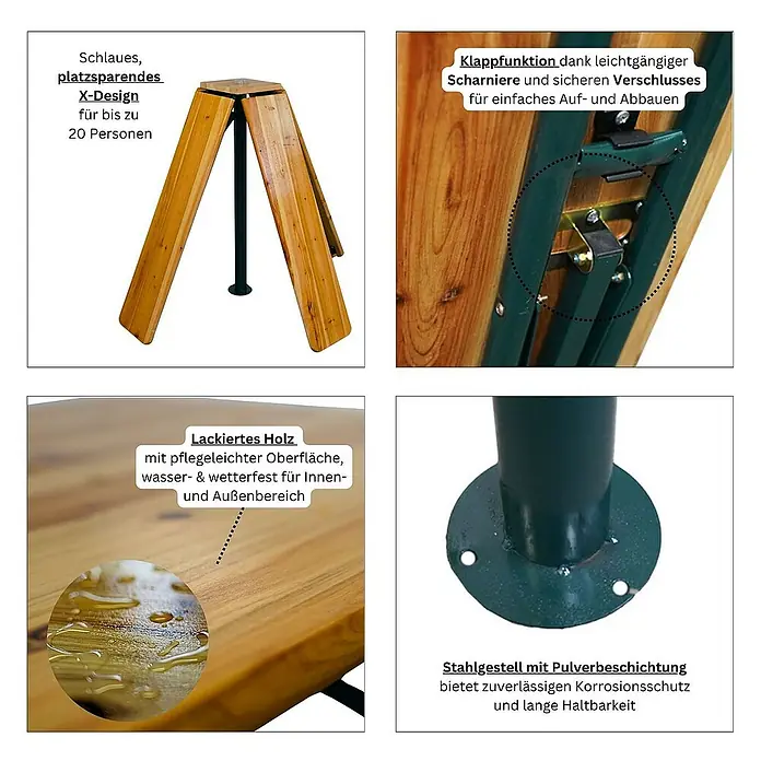 Chefgastro Gartentisch Bierzelttisch Quattro klappbar - L x B x H: 30 x 240 x 102 cm, Eckig, Braun - Bild des klappbaren Stehtisches für den Innen- und Außenbereich mit lackiertem Holz und pulverbeschichtetem Stahlgestell.