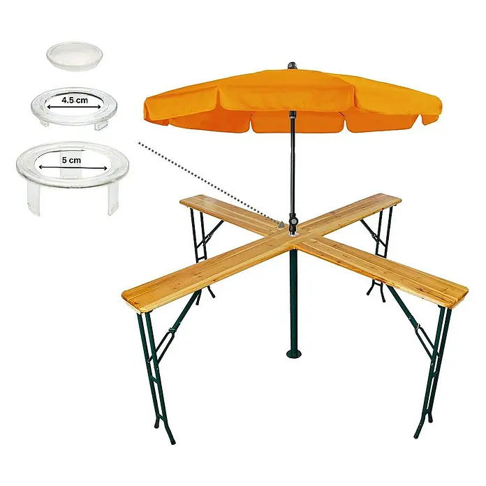 Chefgastro Gartentisch Bierzelttisch Quattro klappbar - L x B x H: 30 x 240 x 102 cm, Eckig, Braun - Bild eines Biertisches mit Sonnenschirm und Zubehör zur Befestigung des Schirms.