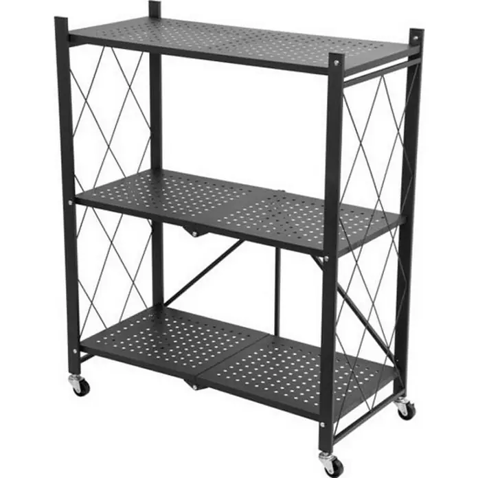 Berlinlodge Metallregal KLAP klappbar auf Rollen - H x B x T: 87 x 72 x 34 cm, Traglast pro Boden: 50 kg, Anzahl Böden: 3 Stk., Aufstellen, Schwarz - Abgebildetes faltbares 3-stöckiges Metallregal mit Rollen. Ideal zur Aufbewahrung von Gegenständen und zur einfachen Bewegung im Raum.