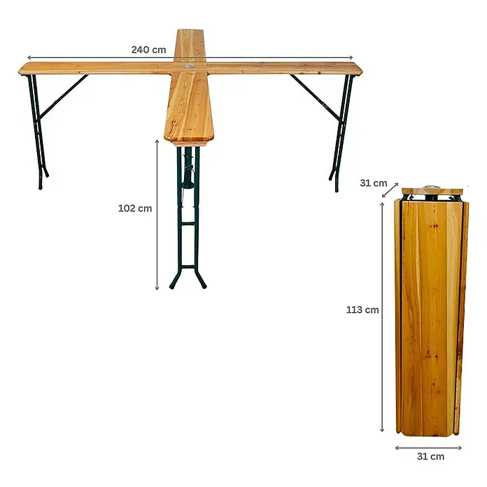 Chefgastro Gartentisch Bierzelttisch Quattro klappbar - L x B x H: 30 x 240 x 102 cm, Eckig, Braun - Bild einer Klapptischgarnitur mit Maßen für Länge, Höhe und Breite im aufgeklappten und zusammengeklappten Zustand.