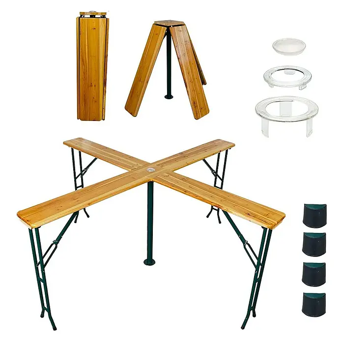 Chefgastro Gartentisch Bierzelttisch Quattro klappbar - L x B x H: 30 x 240 x 102 cm, Eckig, Braun - Das Bild zeigt einen runden Klapptisch mit Zubehör. Perfekt für Partys oder Biergärten, leicht zu verstauen.
