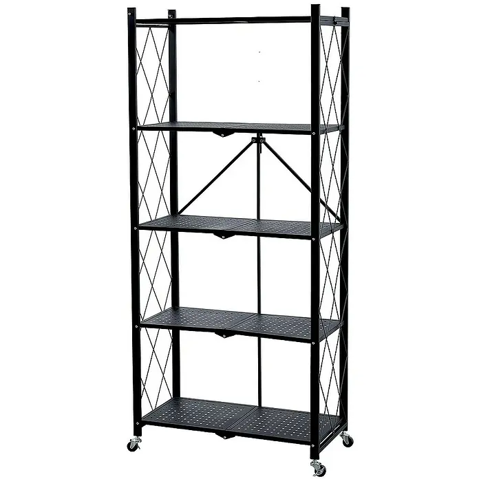BERLINLODGE KLAP klappbares Regal auf Rollen | 5 Fachböden | Belastbarkeit 250kg | HxBxT 167x72x34cm | Schwarz -  - Ein schwarzes, zusammenklappbares Regal mit vier perforierten Regalböden und Rollen für einfache Mobilität.