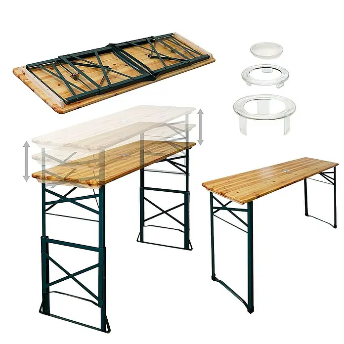 Chefgastro Gartentisch Höhenverstellbarer Bierzelttisch klappbar - L x B x H: 50 x 170 x 116 cm, Eckig, Braun - Bild einer klappbaren Biertischgarnitur mit verstellbaren Füßen und Zubehör.