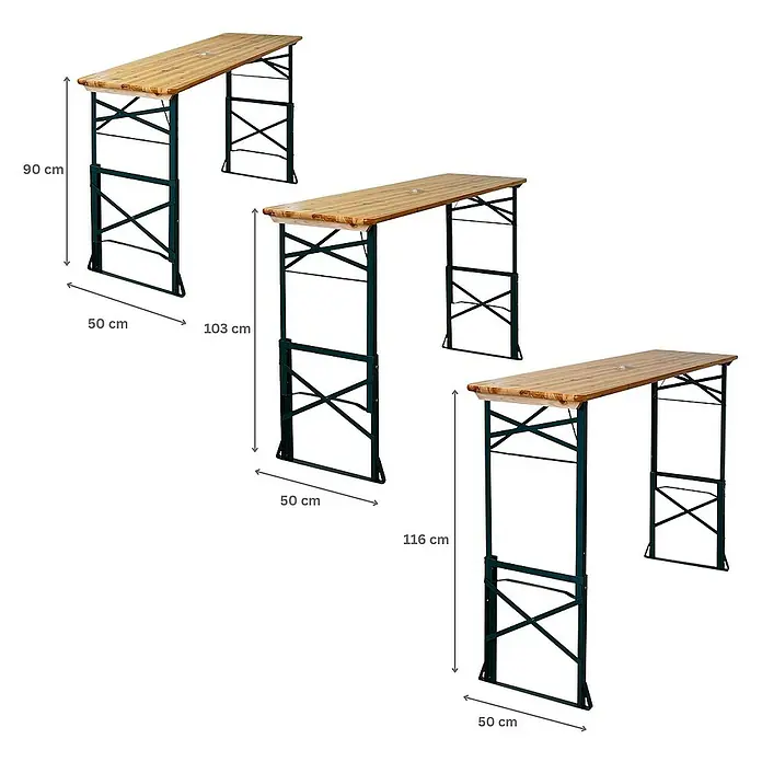 Chefgastro Gartentisch Höhenverstellbarer Bierzelttisch klappbar - L x B x H: 50 x 170 x 116 cm, Eckig, Braun - Ansicht von drei Biertischen mit unterschiedlichen Höhen, die die vielseitigen Einsatzmöglichkeiten des Produkts hervorheben.