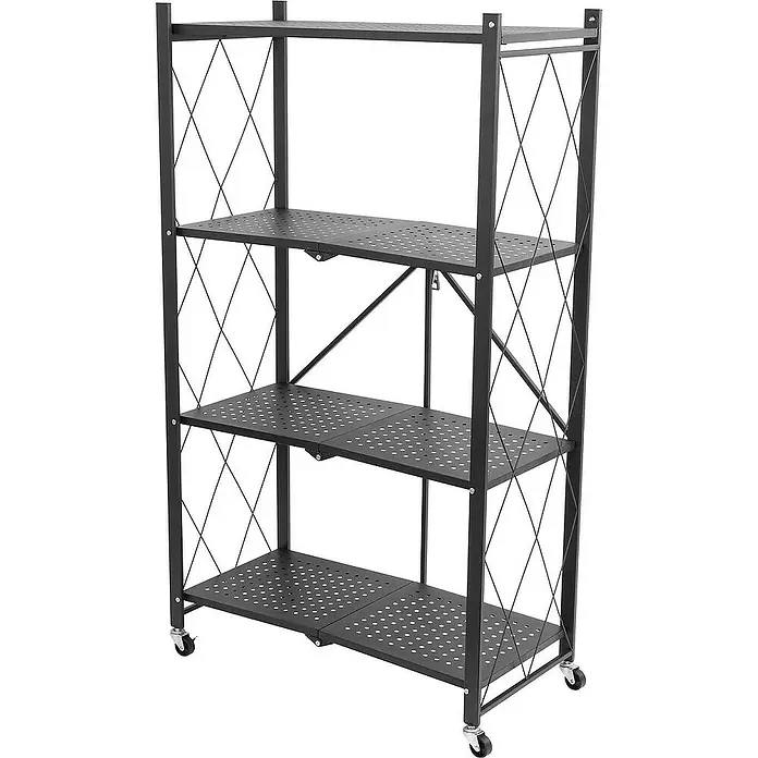 Berlinlodge Metallregal KLAP klappbar auf Rollen - H x B x T: 127 x 72 x 34 cm, Traglast pro Boden: 50 kg, Anzahl Böden: 4 Stk., Schwarz - Bild eines schwarzen, zusammenklappbaren Regals mit vier perforierten Ablagen und Rollen, ideal für platzsparende Aufbewahrung.